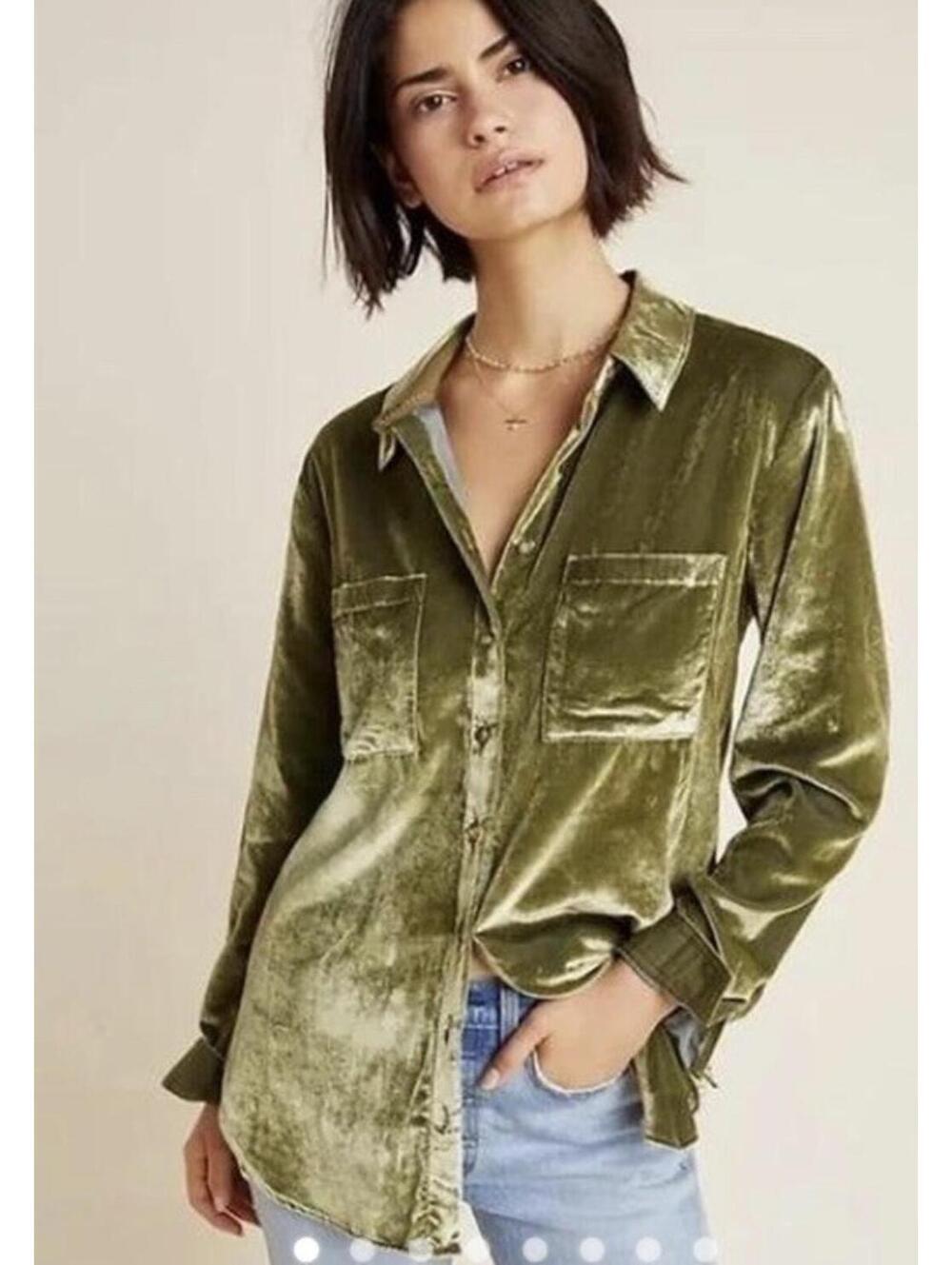 Anthropologie Maeve Karina Olive Green Velvet Collared Button Down Size 10. $118